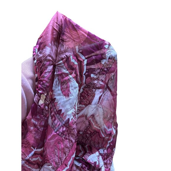 Lucky Brand Womens Peasant Boho Sheer Top Sz S Feather Print Braided Neck - Picture 4 of 12